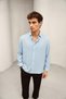 Summer Linen Textured Long Sleeve Blue Color Half Oversize Men's Shirt