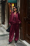 Textured Satin Oversized Bat Sleeve Jacket - Loose Trousers Burgundy Set - 6
