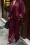 Textured Satin Oversized Bat Sleeve Jacket - Loose Trousers Burgundy Set - 3