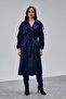 Women's Navy Blue Oversize Trench Coat – Lined Long Double-Breasted Belted Trench Coat with Double Pockets | - 5