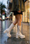 Women's Round Toe Thick Soled Zippered Platform Heeled Beige Long Boots - 8