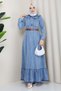 Women's Stone Detailed Zippered Belted Hijab Denim Blue Dress