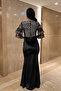 Evening Dress with Sequined Top and Velvet Bottom - Silver - 5