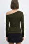 Khaki Asymmetrical Neckline 100% Cotton T-Shirt Blouse - 2