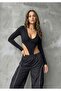 Women's Black V-Neck Long Sleeve Low-Cut Side Ribbed Knit Fabric Bady