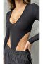 Women's Black V-Neck Long Sleeve Low-Cut Side Ribbed Knit Fabric Bady - 2
