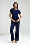 Women's Buttoned Judge Collar Navy Blue Short Sleeve Pajama Set - 3