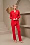 25167 Women's Collared Buttoned Long Sleeve Red Pajama Set - 4