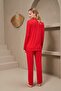 25167 Women's Collared Buttoned Long Sleeve Red Pajama Set - 7