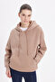 Women's Oversize Wide Cut Cotton Soft Textured Basic Mink Hooded Sweatshirt with Fleece Inside - 5