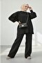 Balon Sleeve Wide Leg Bottom Top Women's Knitwear Hijab Set - Black - 6