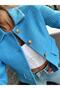 Women's Gold Buttoned Blazer Blue Tweed Jacket - 3