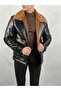 Men's Black Bag Pocket Full Fur Collar Brown Fur Detailed Leather Coat - 3
