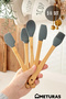 Kitchen Bamboo Silicone Heat Resistant Spoon Ladle Set Spatula Wooden Body Hangable Set of 5 Gray - 3