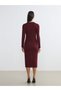 Burgundy Mock Neck Shiny Looking Shirred Dress - 4