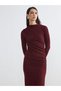 Burgundy Mock Neck Shiny Looking Shirred Dress - 2