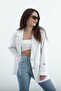 Ecru Striped Pocket Detailed Buttoned Oversized Double-Breasted Collar Lined Shoulder Pad Piece Blazer Jacket Hijab - 2