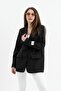 Women's Black Striped Pocket Detailed Buttoned Oversized Double-Breasted Collar Lined Shoulder Pad Piece Blazer Jacket Hijab - 3