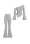 Gray Ribbed Asymmetrical One Shoulder Spanish Sleeve Blouse & High Waist Wide Leg Pants Set - 2
