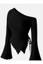 Black Ribbed Asymmetric One-Shoulder Spanish Sleeve Blouse & High-Waist Wide-Leg Trousers Set - 3