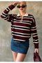 Burgundy Striped Polo Neck Buttoned Women's Knitwear Sweater - 3