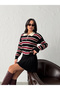 Women's Black Striped Polo Neck Sweater Skirt Two-Piece Knitwear Set - 3