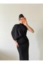 Black High Neck One Shoulder Flowy Glitter Dress - 3