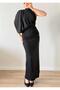 Black High Neck One Shoulder Flowy Glitter Dress - 4