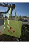 Pistachio Green Cloth Bag with Knitted Flower Bundle Detail and Pockets - 7