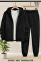Black Zippered Cardigan Tracksuit Set Unisex Winter/ Transitional 3 Thread Fabric 100% Cotton