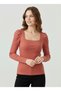 Women's Salmon Colored Square Neck Long Sleeve Ribbed Knit Viscose Elastane Blouse - 3