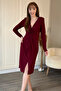 Burgundy V-Neck Midi Slit Dress with Knotted Front - 8