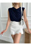 Women's Navy Blue Boat Neck Gathered Sleeveless Sandy Fabric Blouse - 4