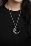 Silver Authentic Patterned Crescent Moon Star Necklace - 2