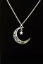 Silver Authentic Patterned Crescent Moon Star Necklace