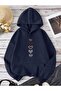 Unisex Heart Printed Navy Blue Hooded Kangaroo Pocket Sweatshirt