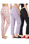 3-Pack Cotton Thin Breathable Fabric Ribbon Waist Detail Printed Pocketless Women's Pajama Bottoms