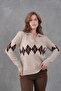 Women's Polo Neck Patterned Half Placket Knitwear Sweater 8597Sw - 7