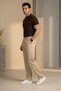 Double Pleated Cream/Beige Half Elastic Waist Quality Linen Look Baggy Trousers - 3