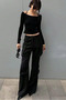 Women's Black Color Round Neck Lace-Up Long Sleeve T-Shirt - 7