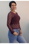 Plum Blossom Pattern Round Neck Long Sleeve Lace T-Shirt - 7