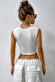Women's White Square Collar Thickening Shoulder Detailed Crop Top Blouse - 2