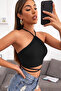 Women's Black Open Back Halter Cross Tie Crop Top Blouse