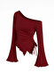 Women's Burgundy Long Spanish Sleeve Asymmetrical Neck Side Tie Draped Blouse