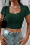 Women's Green Half Sleeve Straight Collar Crop Top Blouse - 5