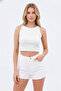 Women's White Halter Neck Off-Shoulder Window Detail Cotton Corded Fabric Ribbed Knit Crop Blouse