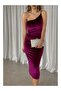 One Shoulder Strap Midi Length Velvet Fabric Evening Dress - 2