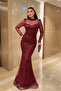Full Beaded Fabric Fish Evening Dress - Bordo