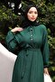 Emerald Green Belted Sleeve Elasticated Corded Fabric Dress - 5