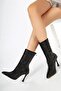 Women's Londen Black Suede Silver Stone Embroidered 9 cm Thin Heeled Back Zipper Short Boots
